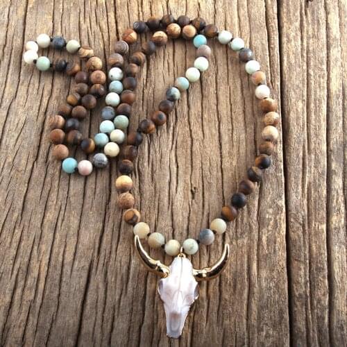 RH Fashion Bohemian Jewelry Sem Stone Knotted Horn Pendant Necklace For Women Boho Ethnic Necklace Gift