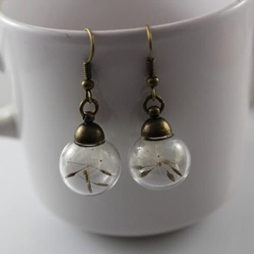 2 pair 16MM Glass Bubble Dandelion earrings Wish Earrings Glass dome dangle earrings filled with real dried dandelion seeds