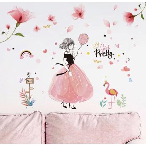 [shijuekongjian] Cartoon Girl Wall Stickers DIY Pink Color Flowers Wall Decals for Kids Rooms Baby Bedroom House Decoration