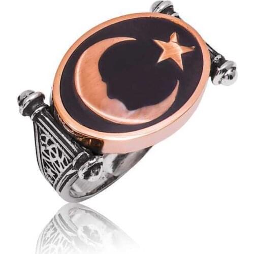 Tevuli 925 Sterling Silver Moon Star Ataturk Skyline Men 'S Ring