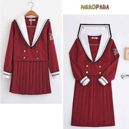 ASAUTA Moring Song Cute Japanese Womens JK Uniform 2Pcs Set: Long Sleeves Sailor Collar Blouse Shirt + Pleated Skirt 2 Styles