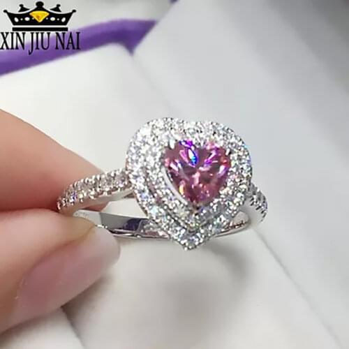 2-color Romantic Charming Diamond Love Heart-shaped Ring with Pink Crystal All Zircon Gift for Womens Engagement Wedding Ring