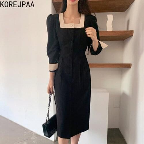 Korejpaa Women Dress 2021 Korean Fashion Chic Elegant Contrast Hemmed Design Waist Closing Single Breasted Long Sleeve Vestidos