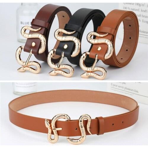 Snake Buckle Belt Shinny Gold Color Snake Buckle Pu Long Belt Belt Ladies Thin Dress Waist Waistband Leather Quality High J R7V1