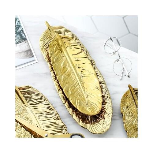 Glod Feather Jewelry Makeup Brush Storage Decorative Sushi Plate Luxury Ceramic Platter Storage Tray with Glod Rim Green Leaf