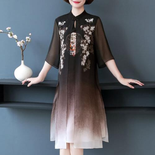 2021 Middle-aged Women Printed Half Sleeve Improved Cheongsam Female Commuter Buckle Chinese Stand-up Collar Ladies Dresses Y840