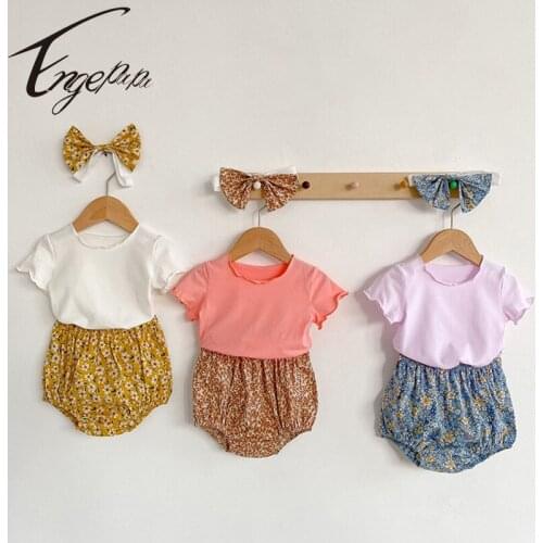 Engepapa Infant Baby Girls Suit 2021 Pure Color T-shirt+Floral Shorts+Hair band 3PCS Summer Newborn Set Girl Romper Clothing