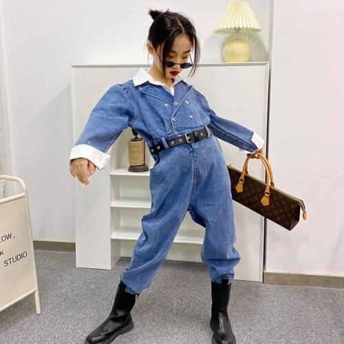 Girls pants 2021 new girls catwalk high waist shirt stitching denim jumpsuit