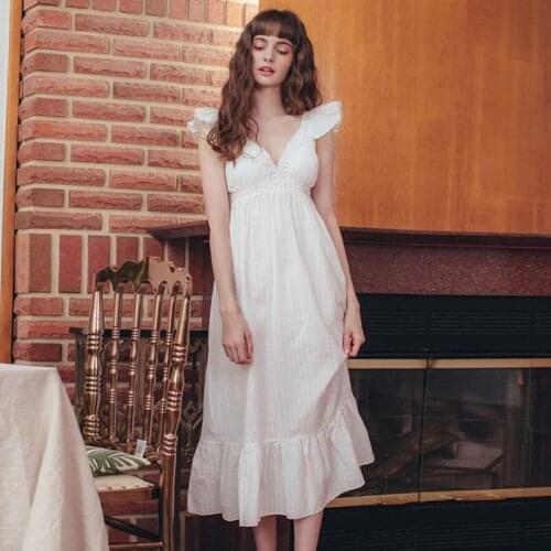 Long Night Dress Nightgown White 2021 Summer Deep V Cotton Dressing Gown Lotus Sleeve Homewear Pink Sleepwear Phoentin FG375