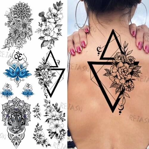 Geometric Triangle Peony Flower Temporary Tattoos For Women Men Fake Henna Lotus Tiger Tattoo Sticker Realistic Back Tatoo Paste