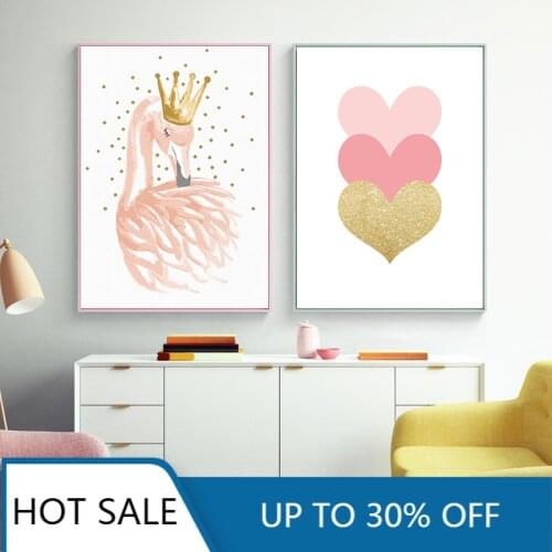 Canvas Painting Baby Posters Nursery Wall Art Swan Poster Print Pink Heart Art Poster Nordic Wall Pictures For Kids Room Decor