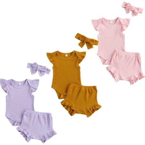 FOCUSNORM 0-18M Summer Baby Girls Boys Clothes Sets 3pcs Solid Ruffles Fly Sleeve Romper Tops Shorts Headband 3 Color