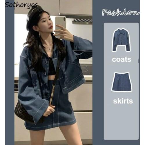 Women Sets Blazers Coats Skirts 2 Pieces Outfits Street-wear Casual Trendy Retro Korean Chic Ulzzang Office Ladies Loose Daily
