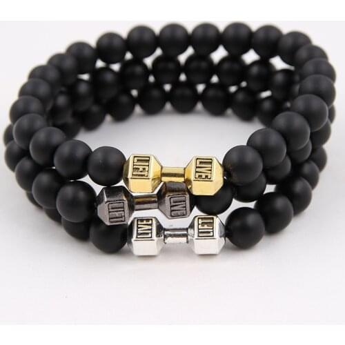 Natural Black Volcanic Lava Stone Dumbbell Bracelet black Matte Beads Bracelets For Women Men Fitness Barbell Jewelry