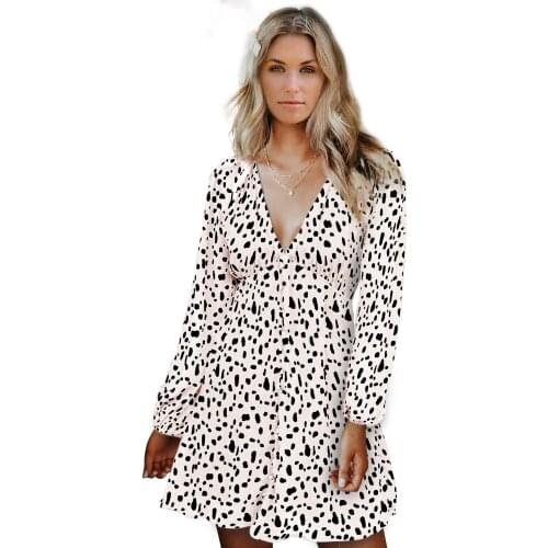 Apricot Polka Dot Leopard Print V Neck Mini Casual Dress Women Sexy Deep V Neck Long Sleeve A Line Short Dress