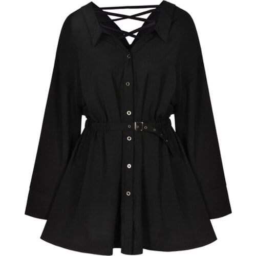 2021 Punk Gothic Black Shirt Dress Hip Hop Streetwear Grunge Clothes Long Sleeve V Collar Sexy Slim High Waist Mini Dresses