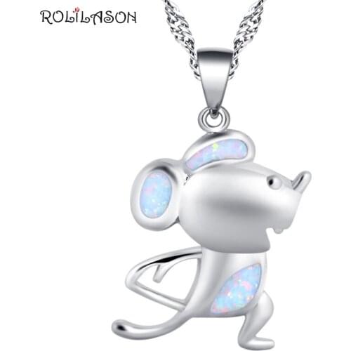 ROLILASON small fresh mouse shape design silver color stamped white opal Pendant necklace anniversary gift female models OP848