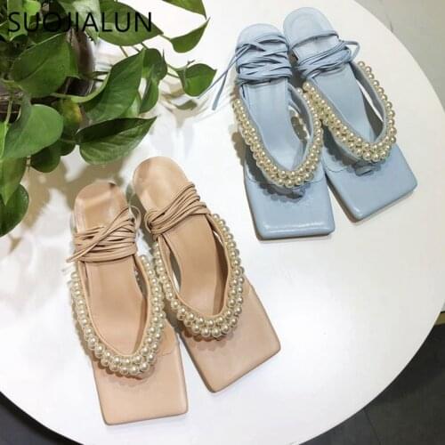 SUOJIALUN 2021 Women Sandal Shoes Fashion Brand Pearl Ankle Strap Rome Sandal Thin Low Heel Slippers Ladies Elegant Slides Shoes