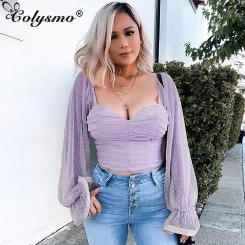 Colysmo Purple Long Puff Sleeve Women Blusas 2020 Spring Vintage Blouse Square Collar Elegant Polka Dots Womens Tops And Blouses