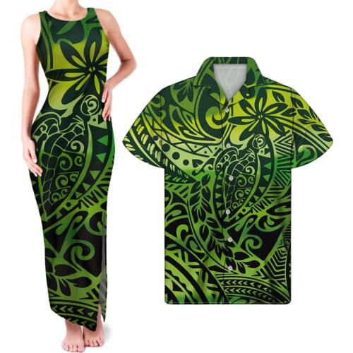 HYCOOL Women Summer Casual Green Plus Size Sleeveless Bodycon Maxi Dress Fashion Polynesian Hibicus Print Couple Wedding Outfits