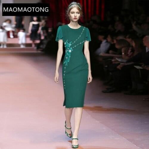 Fashion Runway Summer Slim Midi Dress Womens Round Neck Short Sleeve Beading Embroidered Sheath Dress