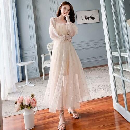 Women Spring Autumn Vintage Dress Lady Sequined Flare Sleeve Square Collar High Waist Vestidos Female Solid Mesh Dress 9