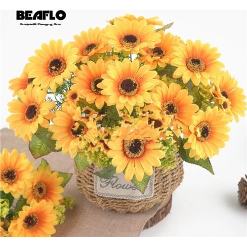 1 Bouquet Artificial Flowers Sunflower Silk Fake Flower with Leaves flores for DIY Shop Home Garden Wedding Decoration