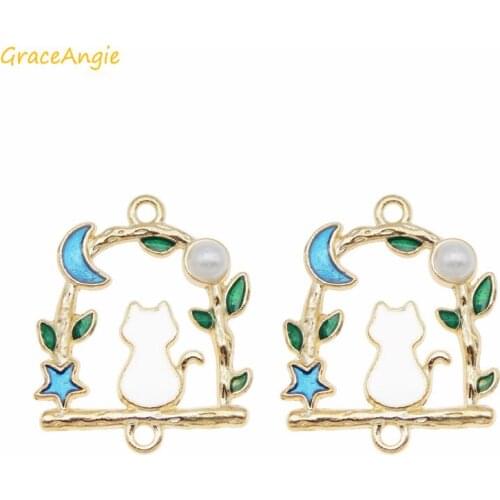 GraceAngie 4pcs Cute Alloy Enamel Cat Star Pendant Gold Tone Connector Charm For Necklace Bracelet Making Findings