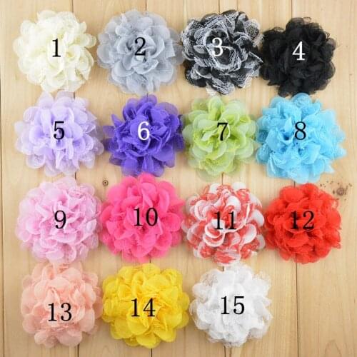 40pcs/lot Wholesale 4.2" gauze flowers without clips for hair crochet headband 15 Colors for choose Freeshipping