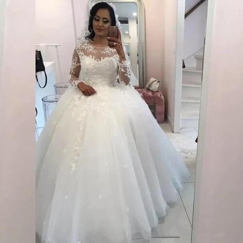 Ball Gown Fluffy Long Sleeve Tulle Lace Flowers Luxury Formal Wedding Dresses 2019 New Wedding Gowns mariage Custom Made