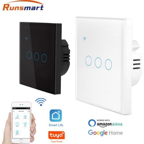 No Neutral Wifi Smart Switch Wireless 3Gang Wall Light Switch Glass Screen Touch Panel Compatible with Alexa Google Home