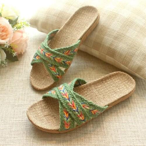 Bohemian Retro Style Linen Slides Summer Cool Indoor Slippers Women Home Sandals
