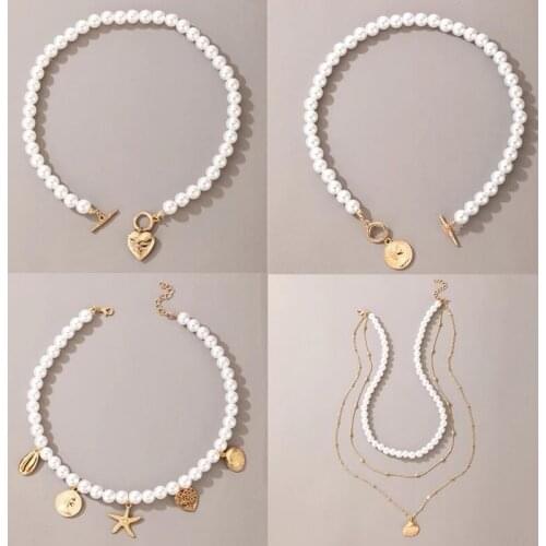 Vintage Elegant Luxury White Pearl Stone Shell Chain Choker Necklace For Women Girls Star Hollow Heart Pendant Fashion Jewelry