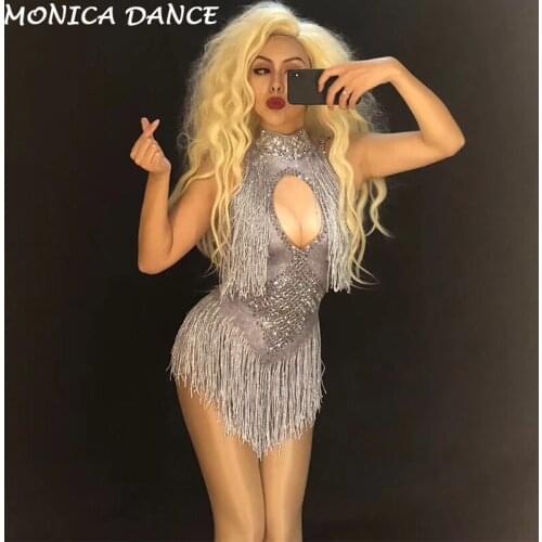 Women Sexy Stage Silver Tassel Bodysuit Sparkling Crystals Jumpsuit Nightclub Party Stage Wear Dancer Singer Show Dance Costumes
