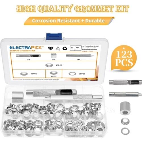 Electrapick 123pcs Grommet Kit Eyelets Set Metal Grommets Punch Hole Fastened Tool for Tarpaulin Fabric Curtains Craft Boxed