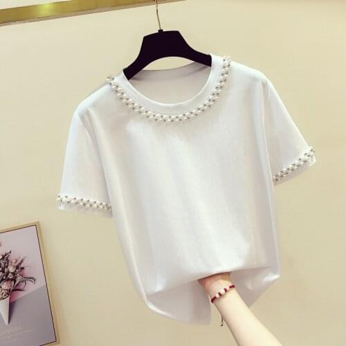 Pearls beading O-neck cotton short sleeve t shirt women elegant white tee shirt femme Korean modis tops 2021 new summer tshirt