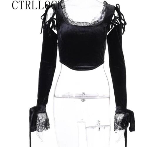 CTRLLOCK Gothic Lolita Off Shoulder T-shirt Women Sexy Hollow Out Lace Up Puff Sleeve Velvet Pullover 2021