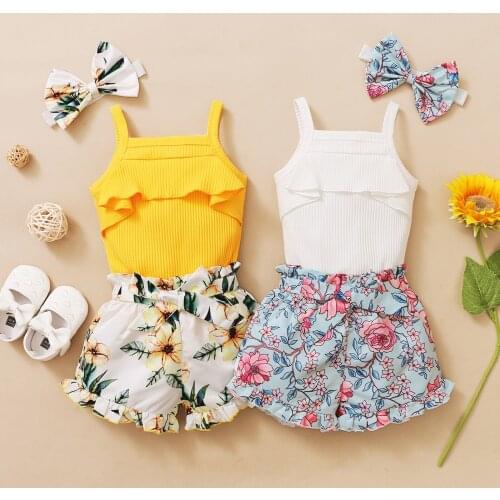Infant Baby Girl Clothing Set Solid Suspender Sleeveless Romper Bodysuit+floral Print Shorts Headbands Outfits Summer Suit