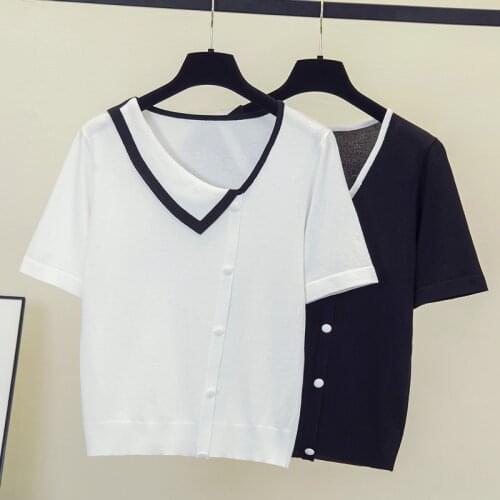 M-4XL women plus size ice silk kinttingT-shirt thin sweater pullover 2021 Summer short sleeve button Oversized basic sweaters