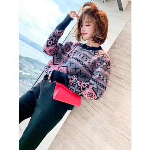 Retro geometric stripe jacquard fashion loose and versatile sweater womens winter new High Quality