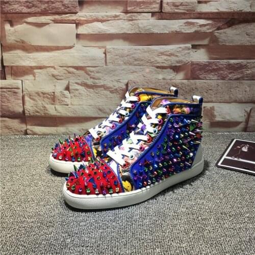 Colorful Rivets Decor High Top Patchwork Leather Men Shoes Luxury Brand Red Bottom Casual Fashion Shoes Lovers Shoes Tide 2021