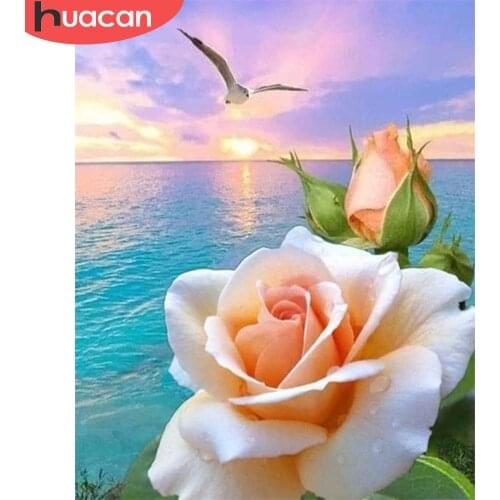 HUACAN DIY Frame Oil Painting By Numbers Rose Flower On Canvas Wall Art Picture By Numbers Seaside Childrens Room Decor