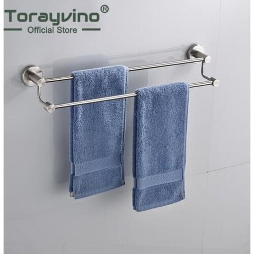 Torayvino Nickel Brushed Stainless Steel Bar Wall Mount Bathroom Towel Rail Holder Storage Rack Shelf 2 Layers Towel Holder