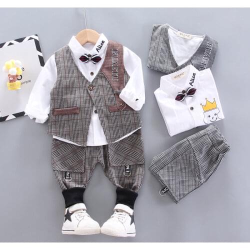 New Spring Baby Clothes Children Boys Cotton Plaid Vest Shirt Pants Gentleman 3pcs/sets Kid Infant Casual Sportswear Suit Set