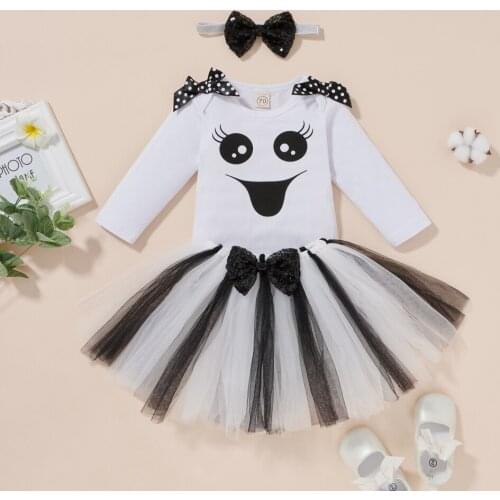 Autumn Cute Baby Girl Halloween Long Sleeve Mesh Skirt Set White Instagramable Dress
