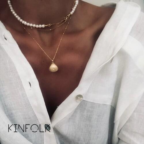 KINFOLK Boho Pearl Gold Chains Necklace Pendant Necklaces For Women Bohemian Chocker Chain Necklace Set Womens Jewelry 2020
