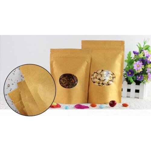 14*19+4cm 500pcs Stand Up Clear Window Brown kraft paper bags with Zipper lock for Food/Tea/Nut/Coffee Resealable Packaging Bag