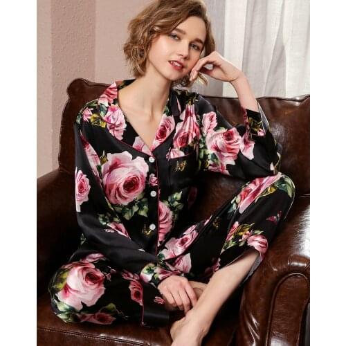 19mm Women 100 Pure Silk Pajamas Printed Floral Fashion Spring And Autumn Sleepwear Long Nightwear Ladies Two-piece Suit