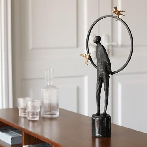 Figure Stand On Black Cylindrical Marble Surrounded By Two Gold Birds Sculpture Ornaments Statue Art Home Decoration Accessories