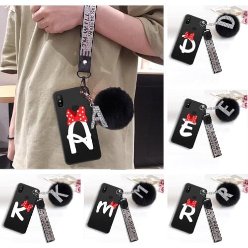 Silicone Strap Cute letters A B C Case for Samsung Galaxy S21 S20 FE S10 Plus A12 A32 A42 A52 A72 5G Fur Ball Bow Cover coque